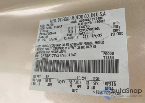 2000 Ford F-150 Work Series/Xl/Xlt из США, поврежденный, VIN 1FTRF17W2YNB31841